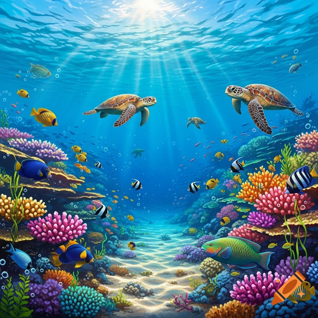 Vibrant illustration of a tropical coral reef with sea turtles, colorful fish, and sunlight filtering through the ocean surface.