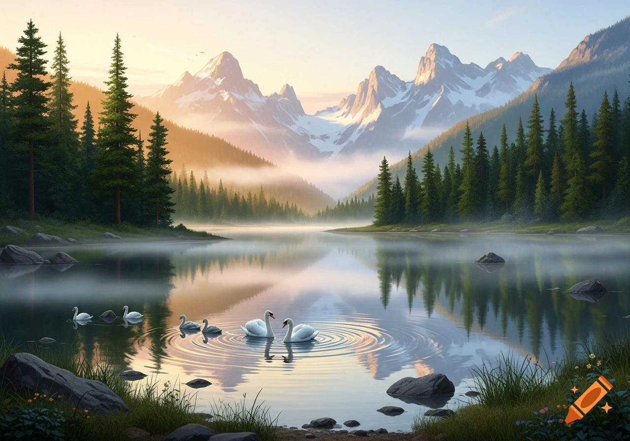 Photorealistic painting of a serene mountain lake with swans, surrounded by pine forests and misty, snow-capped mountains at sunrise.
