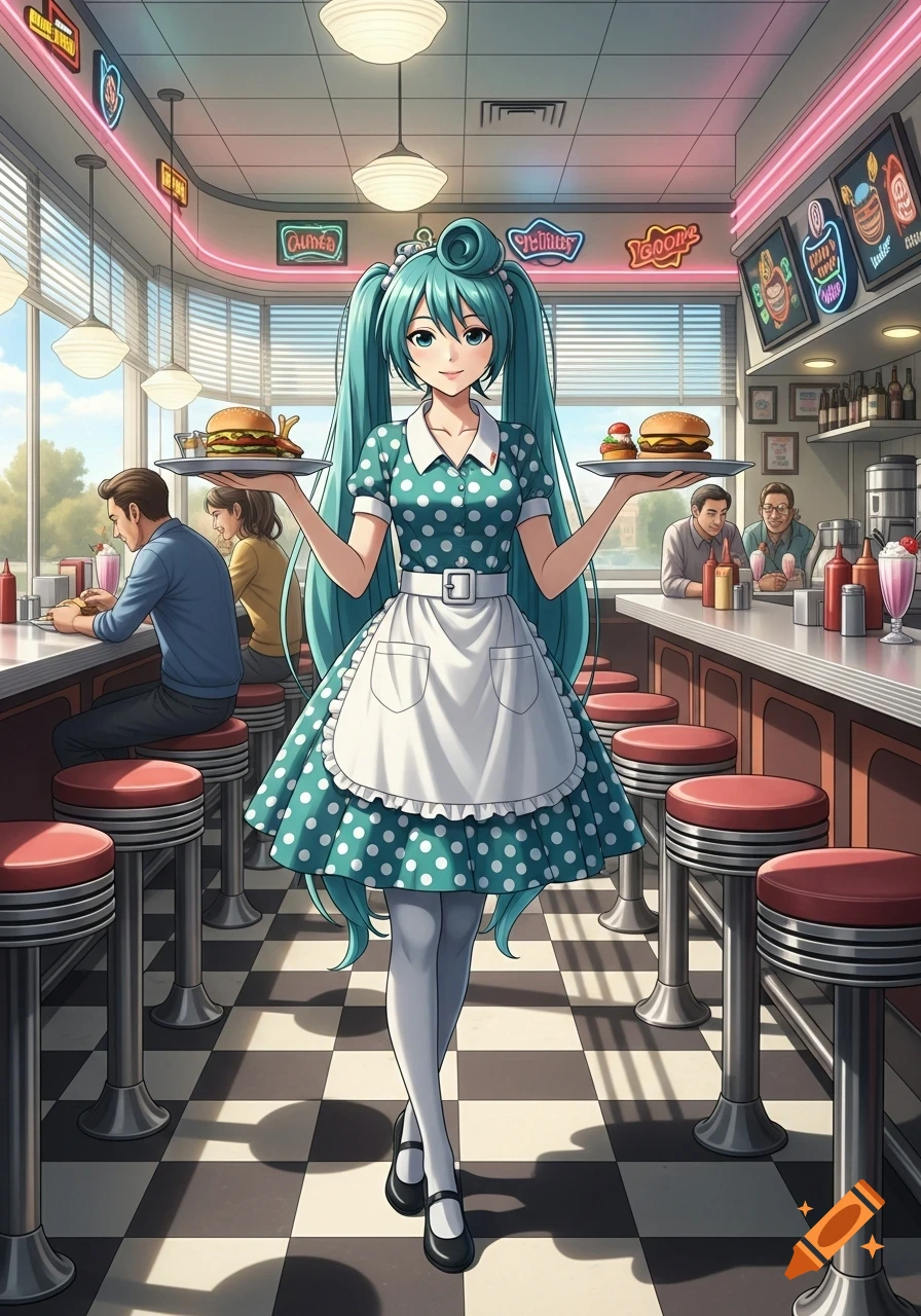 A full-body anime girl resembling Hatsune Miku, dressed in a 1950s polka-dot diner uniform, carrying two trays of hamburgers, walks through a brightly lit retro diner.