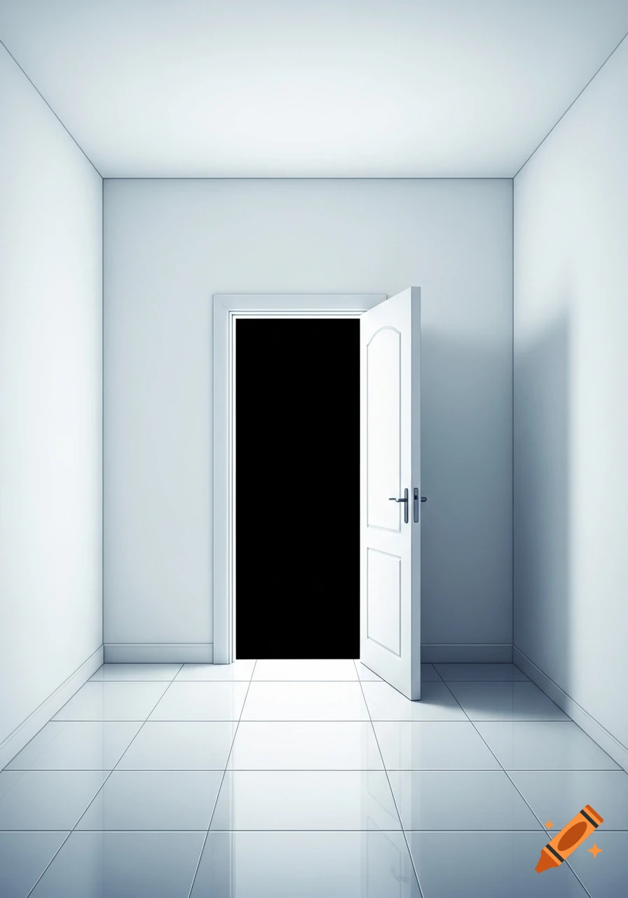 A minimalist, photorealistic image of an empty white room with white tile flooring and a door standing ajar, opening into a deep black void.