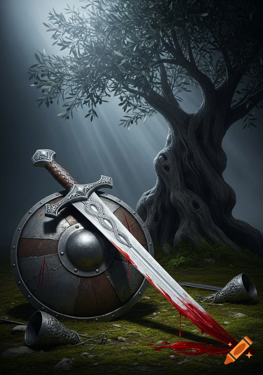 A blood-stained sword rests on a round shield on mossy ground, bathed in dramatic light from above a gnarled olive tree.