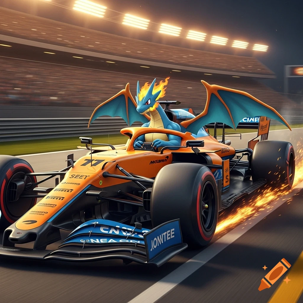 A blue Charizard drives an orange and blue McLaren Formula 1 car on a race track, with sparks flying from the tires.