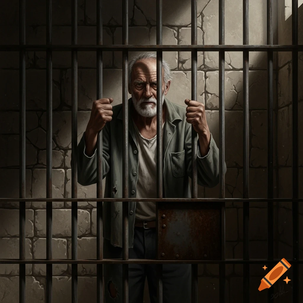 A photorealistic image of an old, somber man with a white beard looking out from behind prison bars in a dimly lit cell.