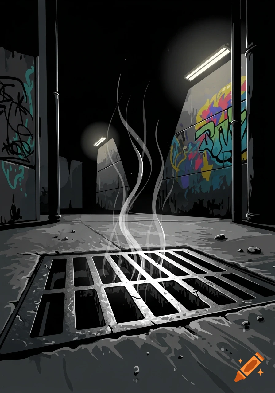 A dark 2D illustration of a city alley at night with a steaming drain grate and graffiti-covered walls.