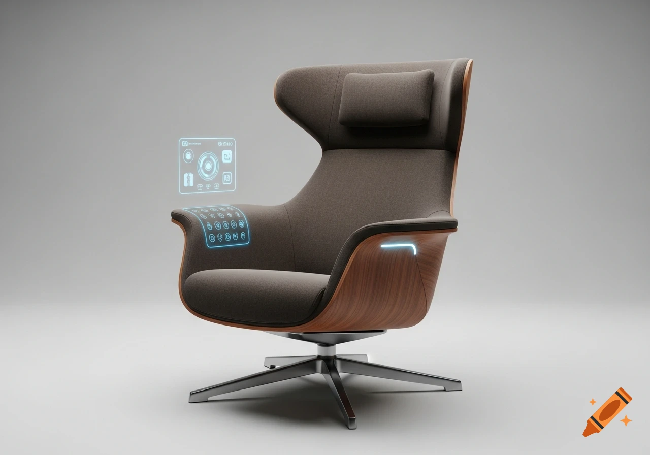 A modern, futuristic armchair with gray fabric and curved wooden frame, featuring a holographic interface and glowing accents.