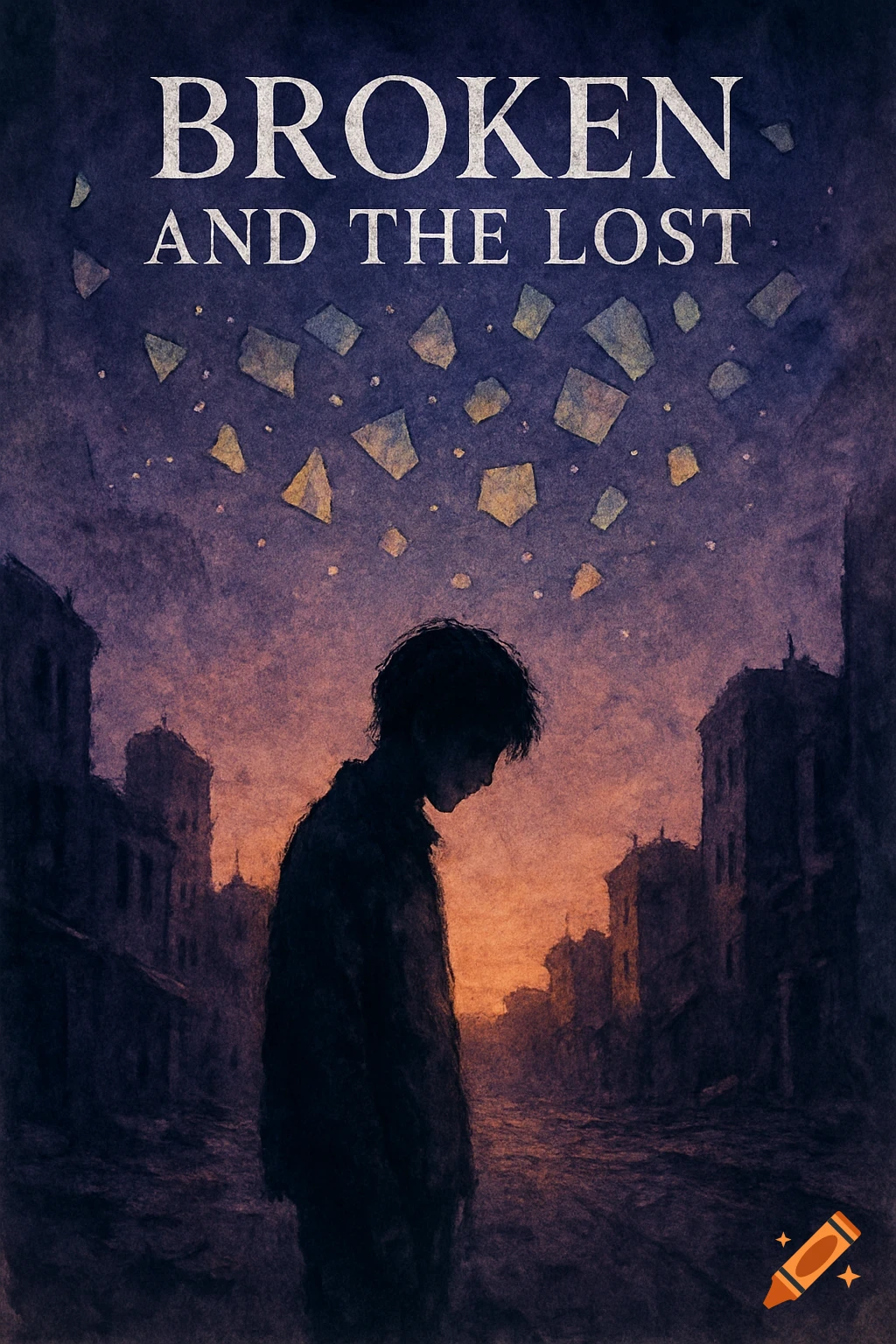 A dramatic, melancholic painting of a lone figure standing in a dark, ruined city street under a sky with glowing, broken fragments, titled 'BROKEN AND THE LOST'.