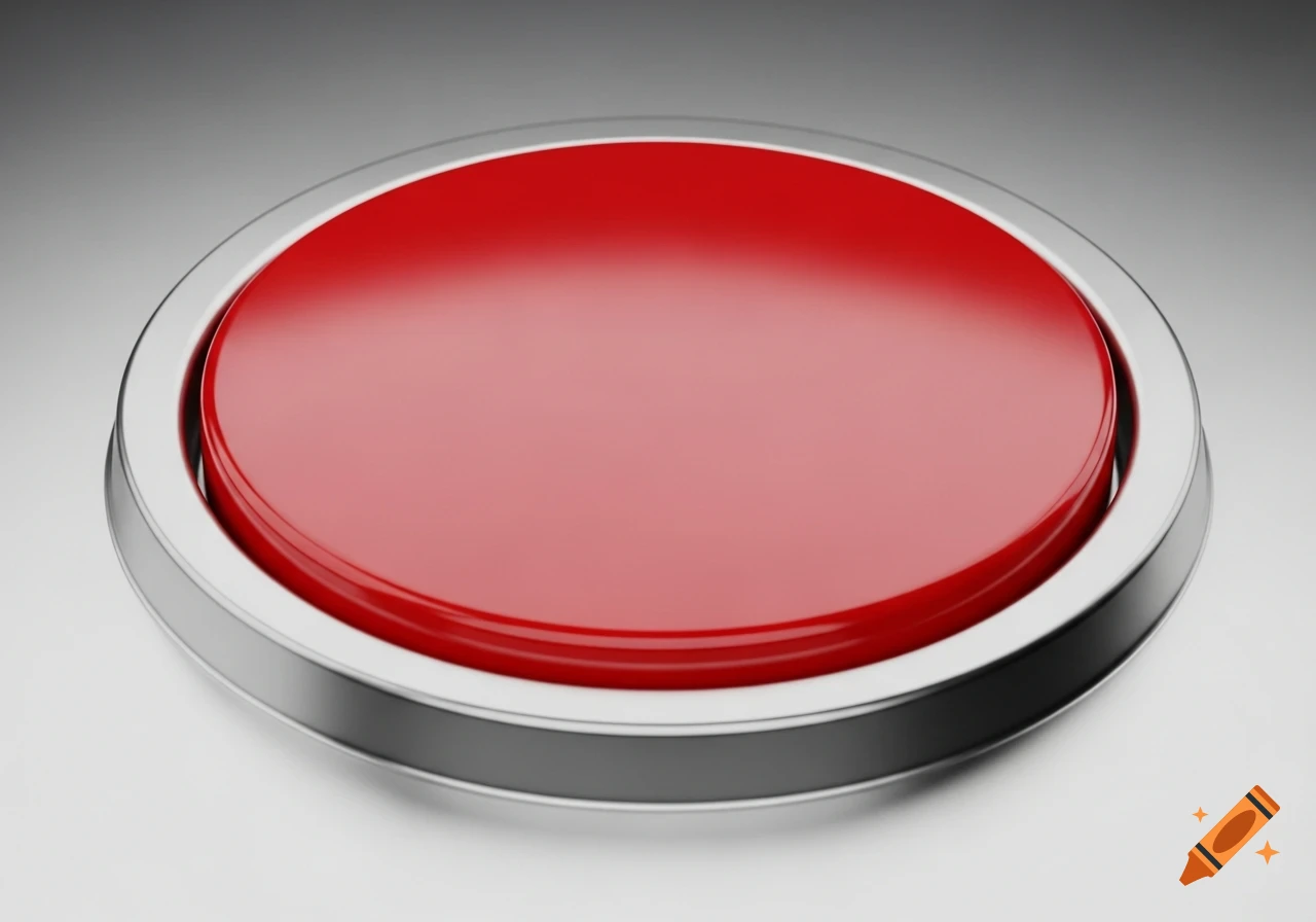 A glossy, round red button with a metallic silver border, centered on a gradient gray background.