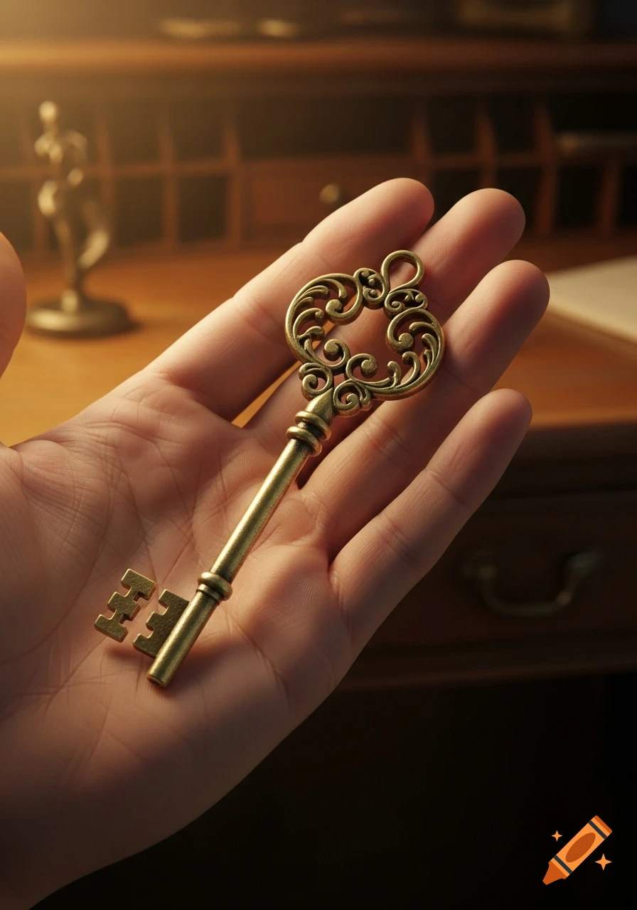 A hand holding a detailed, ornate antique brass key under warm light, with a blurry wooden background.