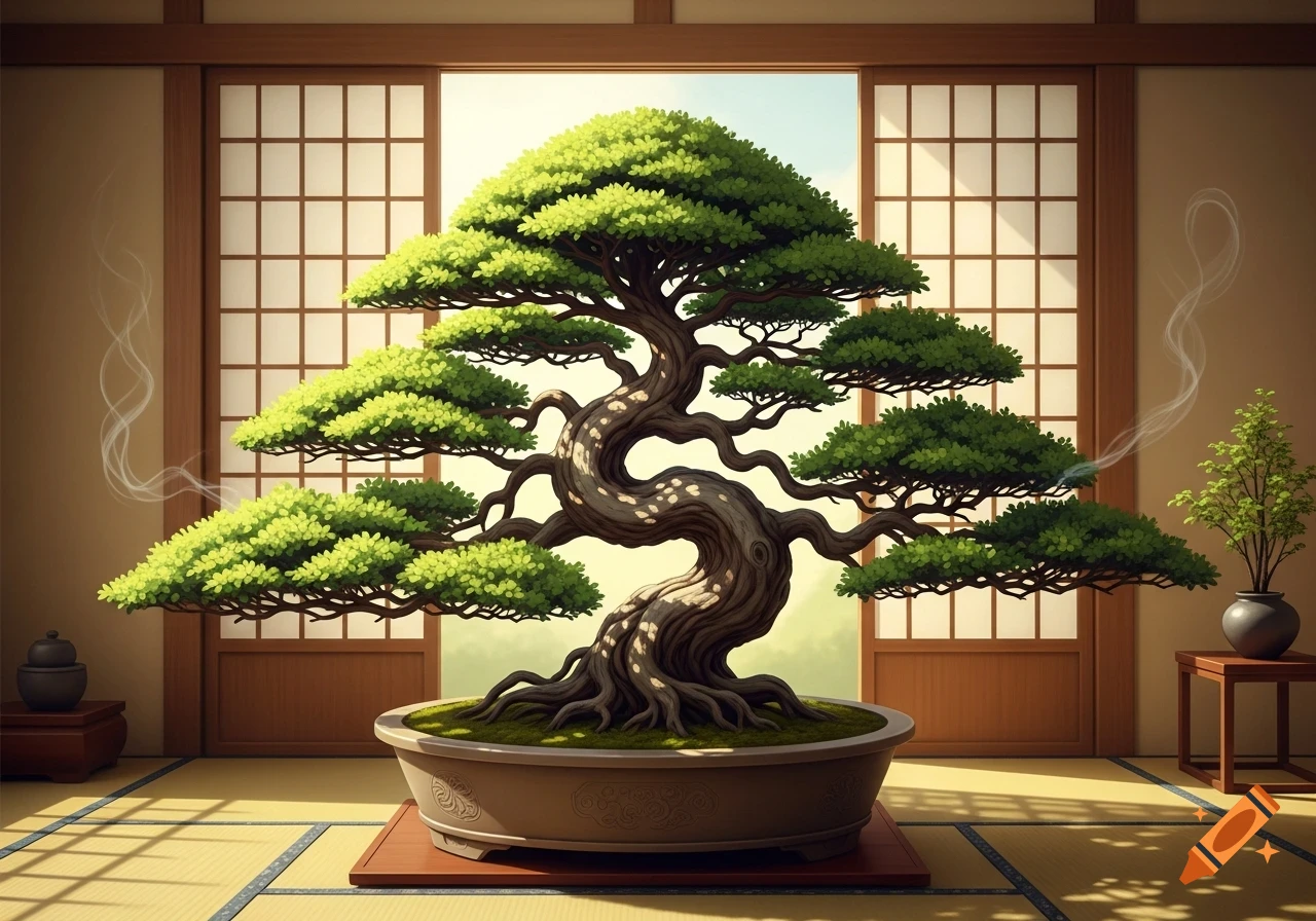 A large, intricately shaped bonsai tree in a traditional Japanese room with shoji screens and tatami mats.