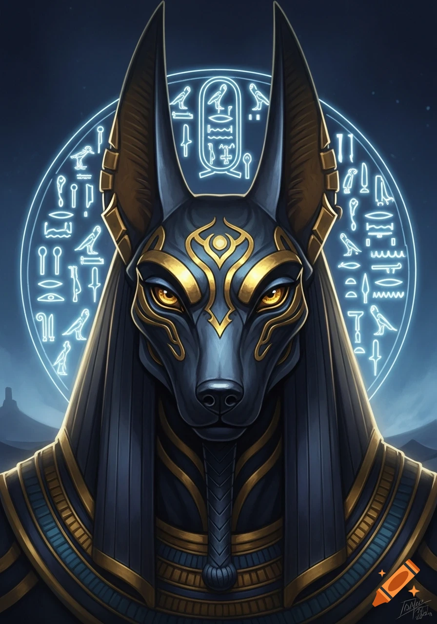 Close-up digital art portrait of Anubis, the Egyptian god, with a dark metallic complexion and golden markings, against a glowing blue halo of stylized hieroglyphs.
