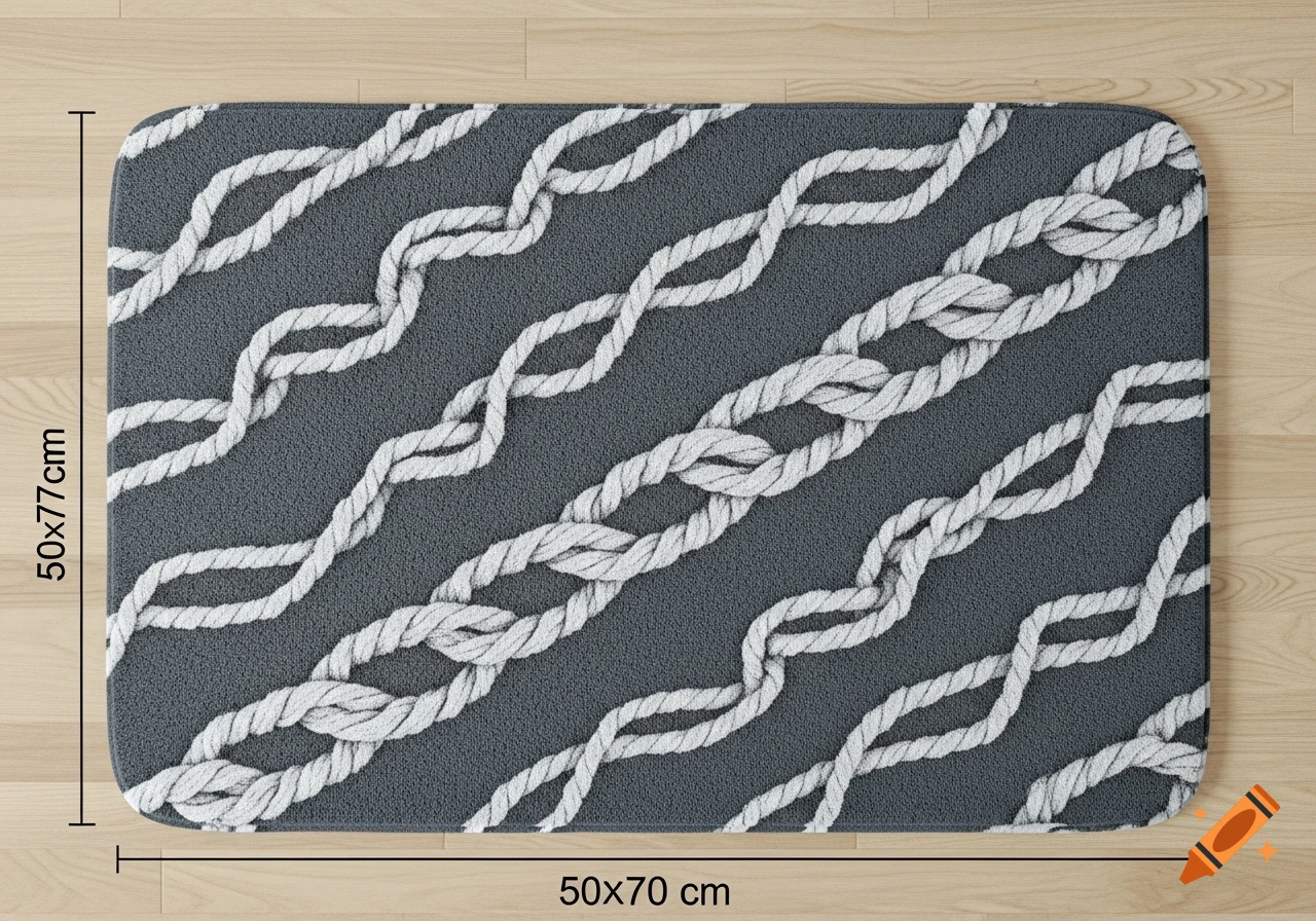Top-down view of a storm-gray bath mat with a diagonal repeating white rope-twist pattern on a wooden floor, with dimensions.
