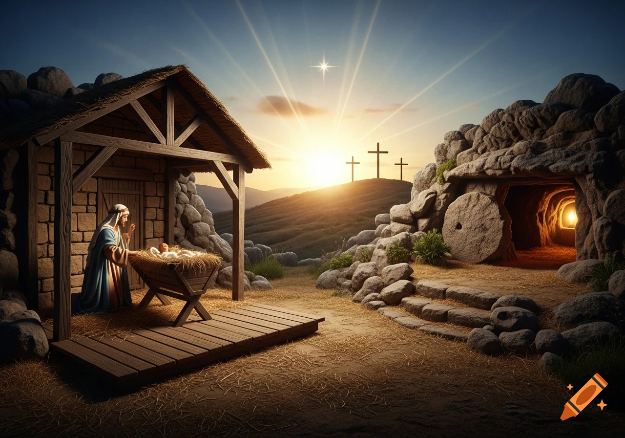 A realistic biblical scene with a manger, three crosses, and an open tomb at sunrise under a shining star.