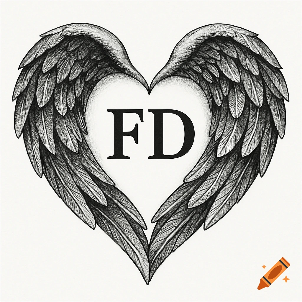 A black and white sketch of heart-shaped angel wings with the initials 'FD' in the center.