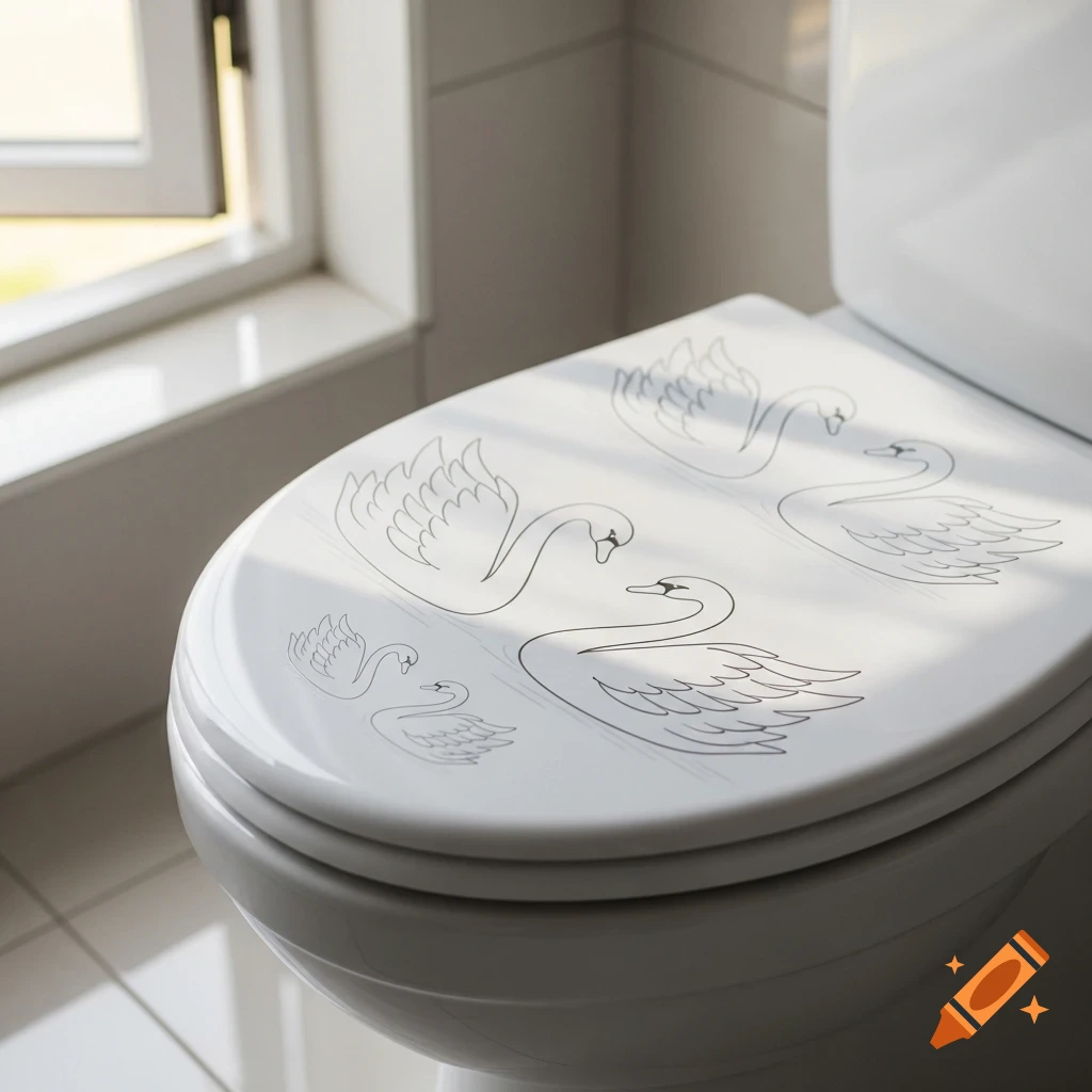A white toilet seat with black outline drawings of swans, illuminated by light from a nearby window.