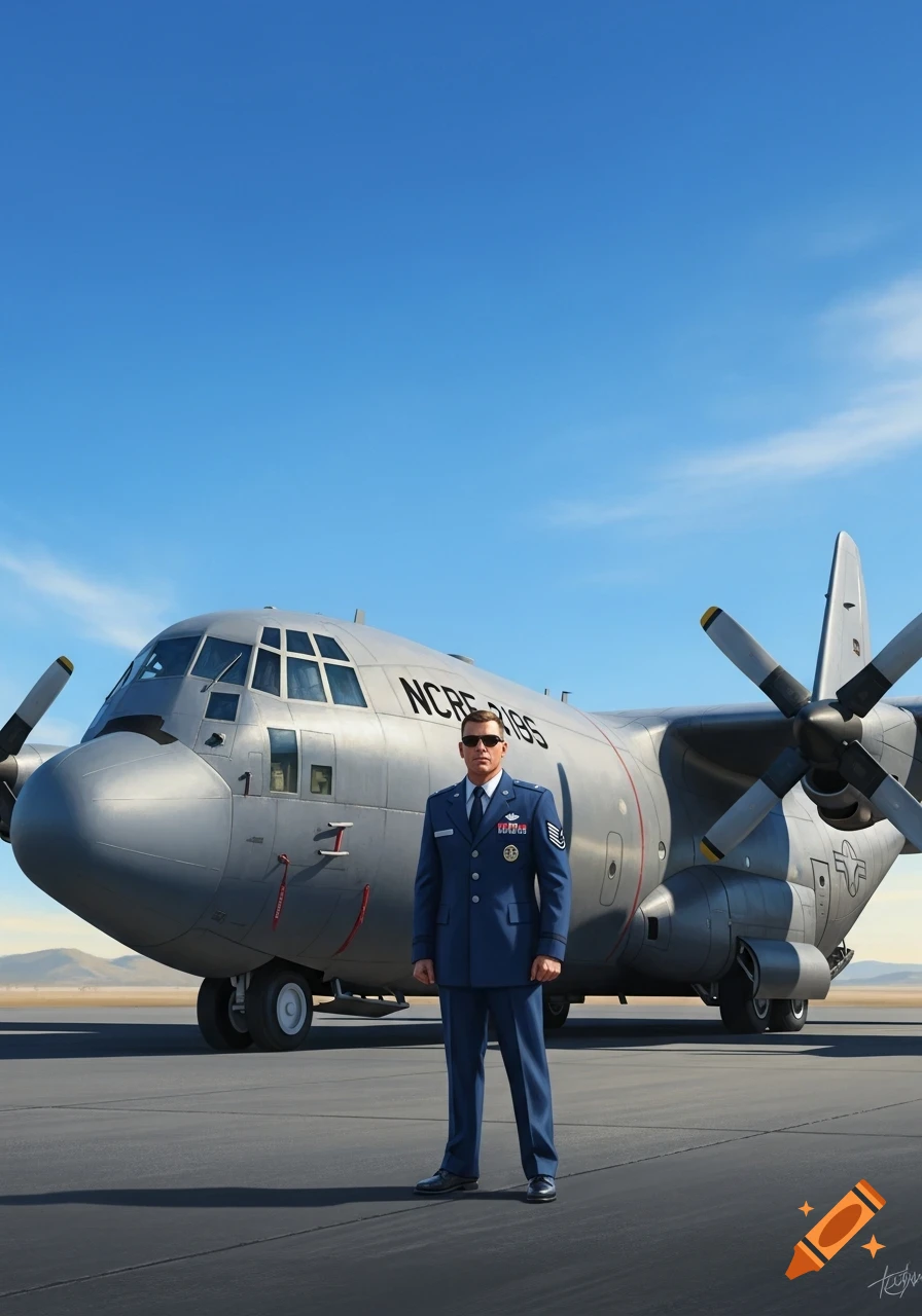 A man in an Air Force uniform with sunglasses stands in front of a large C-130 aircraft on an airfield under a blue sky.