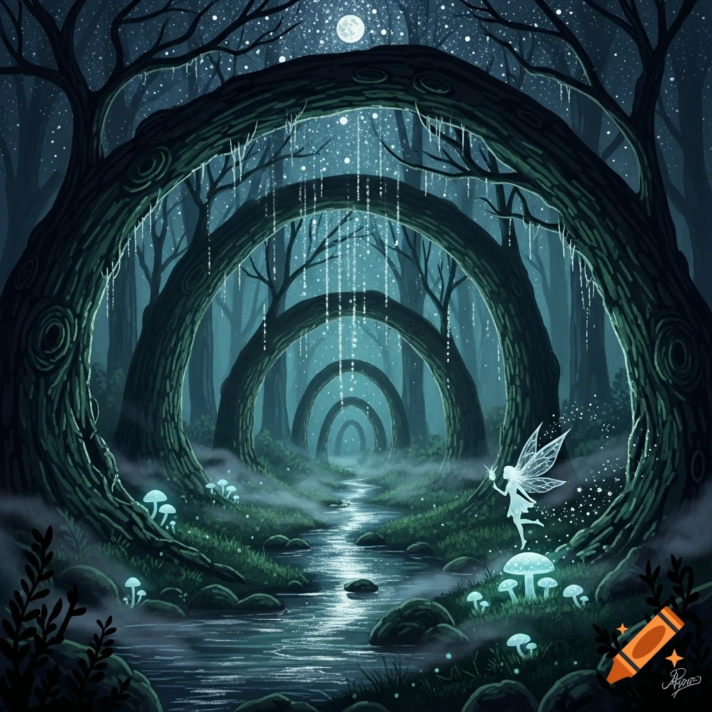 A glowing fairy in a dark, magical forest with arched trees, a stream, glowing mushrooms, and a full moon.