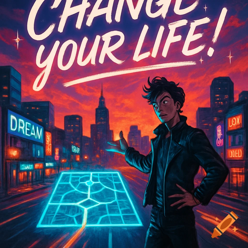 A stylized man in a leather jacket stands in a futuristic neon city under a red and orange sunset, gesturing towards a glowing blue grid on the ground, with text "CHANGE your LIFE!" overhead.