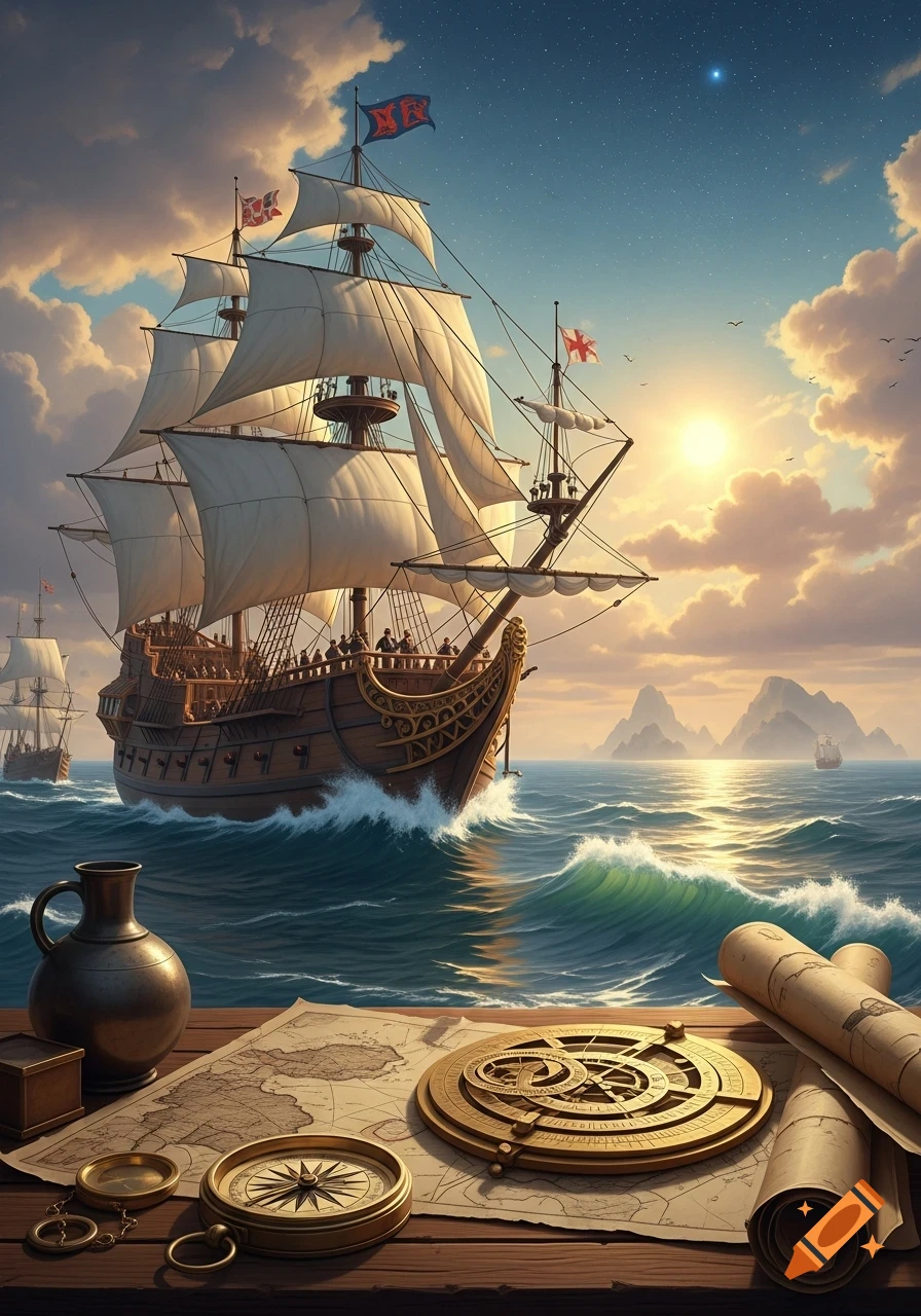 A detailed painting of a large 16th-century sailing ship with white sails on a rough sea under a dramatic sky, with navigational tools on a wooden table in the foreground.