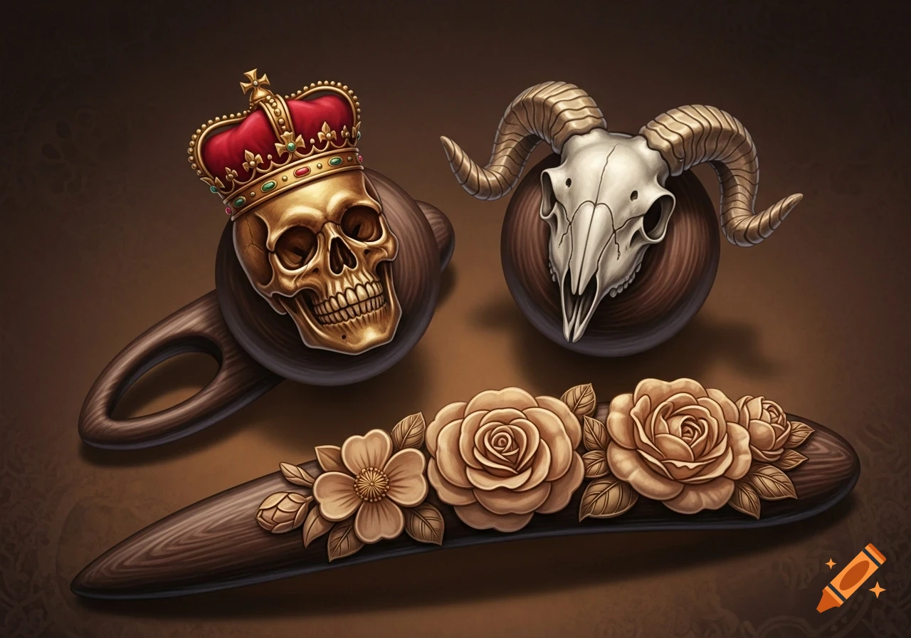 A detailed image of decorative wooden objects: a golden skull wearing a red crown, a ram skull, and a hair bead with carved flowers.