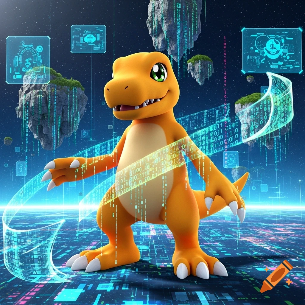 A vibrant orange cartoon dinosaur, Agumon, stands in a futuristic digital landscape with binary code streams, glowing grids, and floating rock islands.