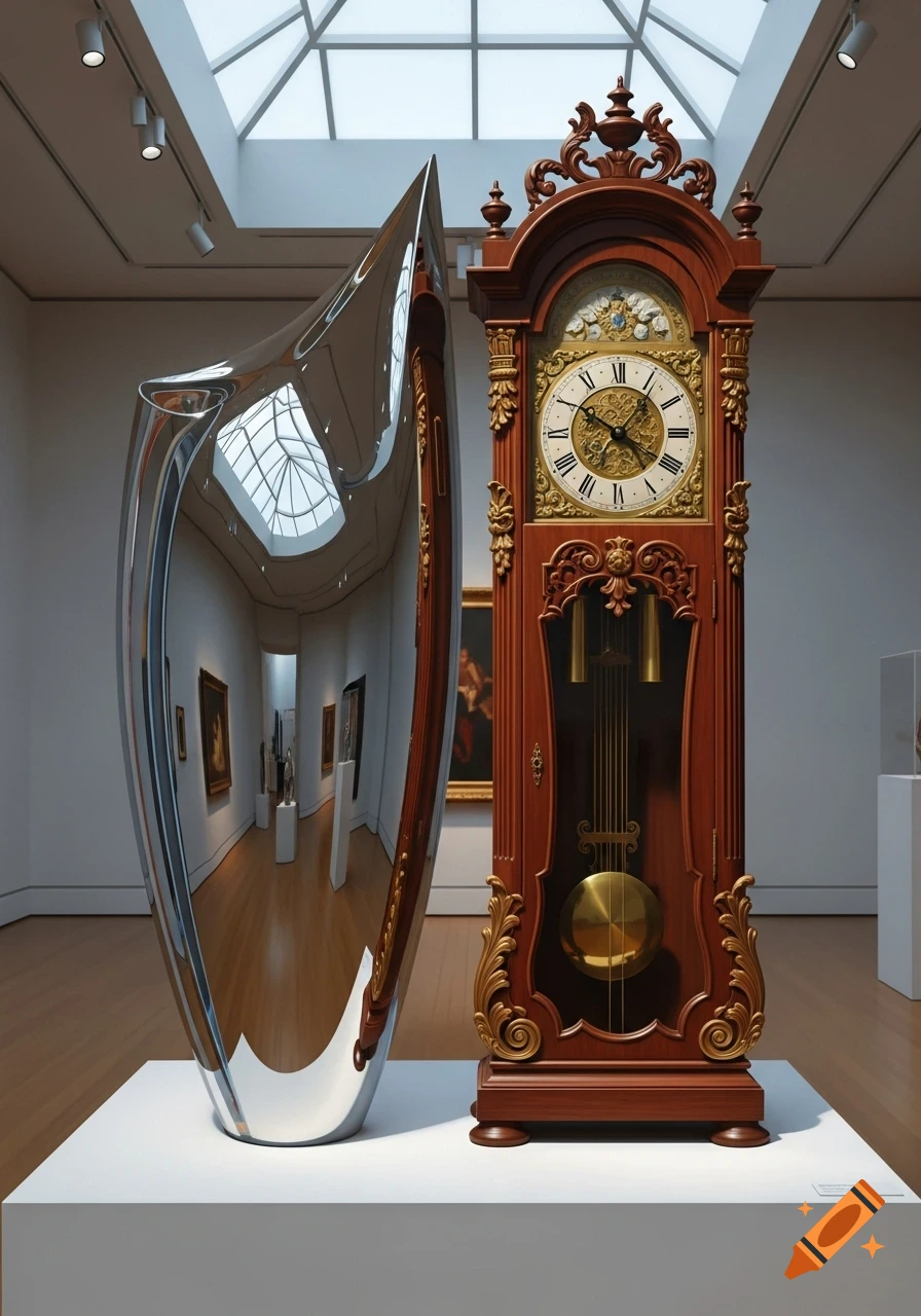 A polished, reflective metal sculpture stands next to an ornate wooden grandfather clock in a bright museum gallery.