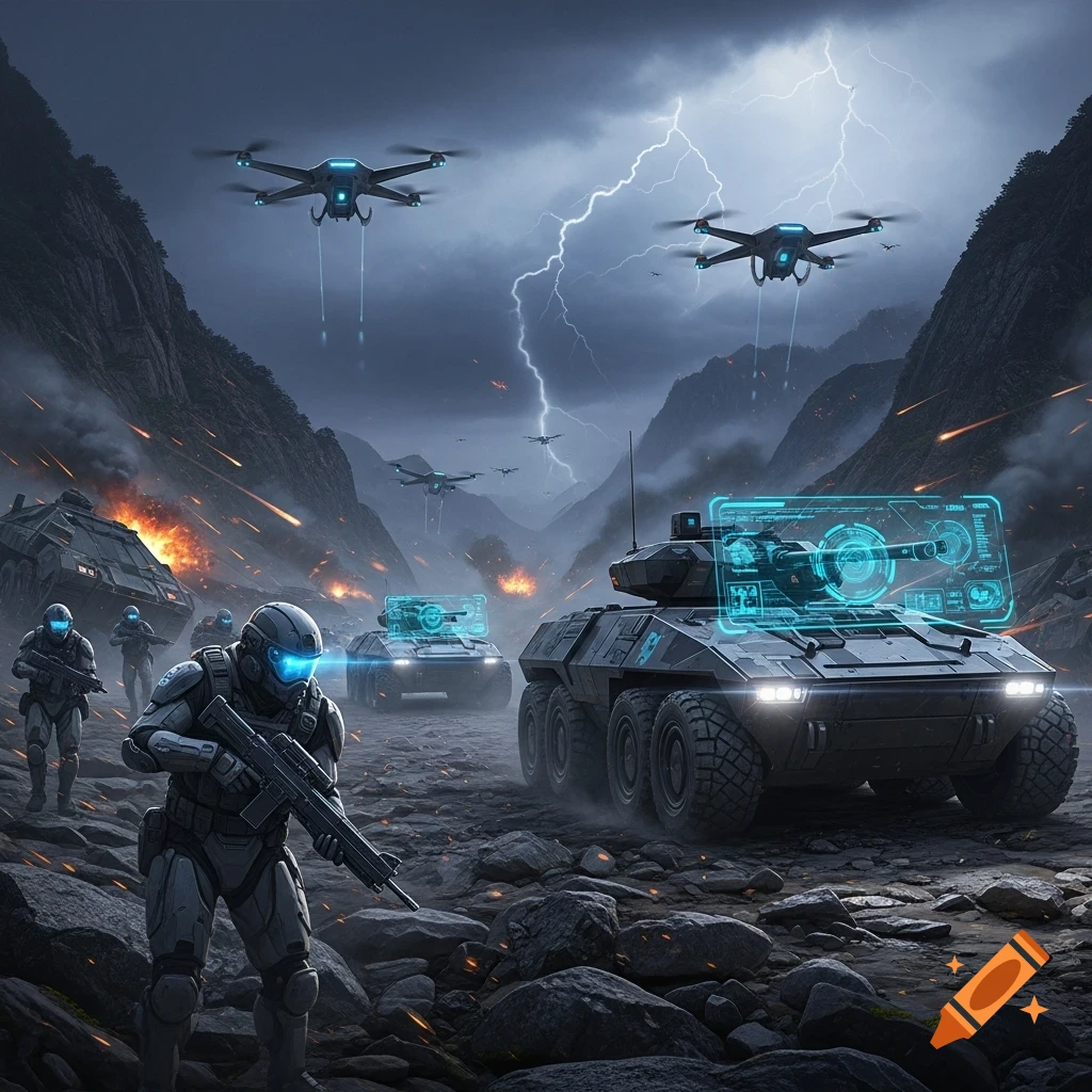 Futuristic soldiers, armored vehicles, and drones in a rocky mountain battlefield under a lightning-filled stormy sky.