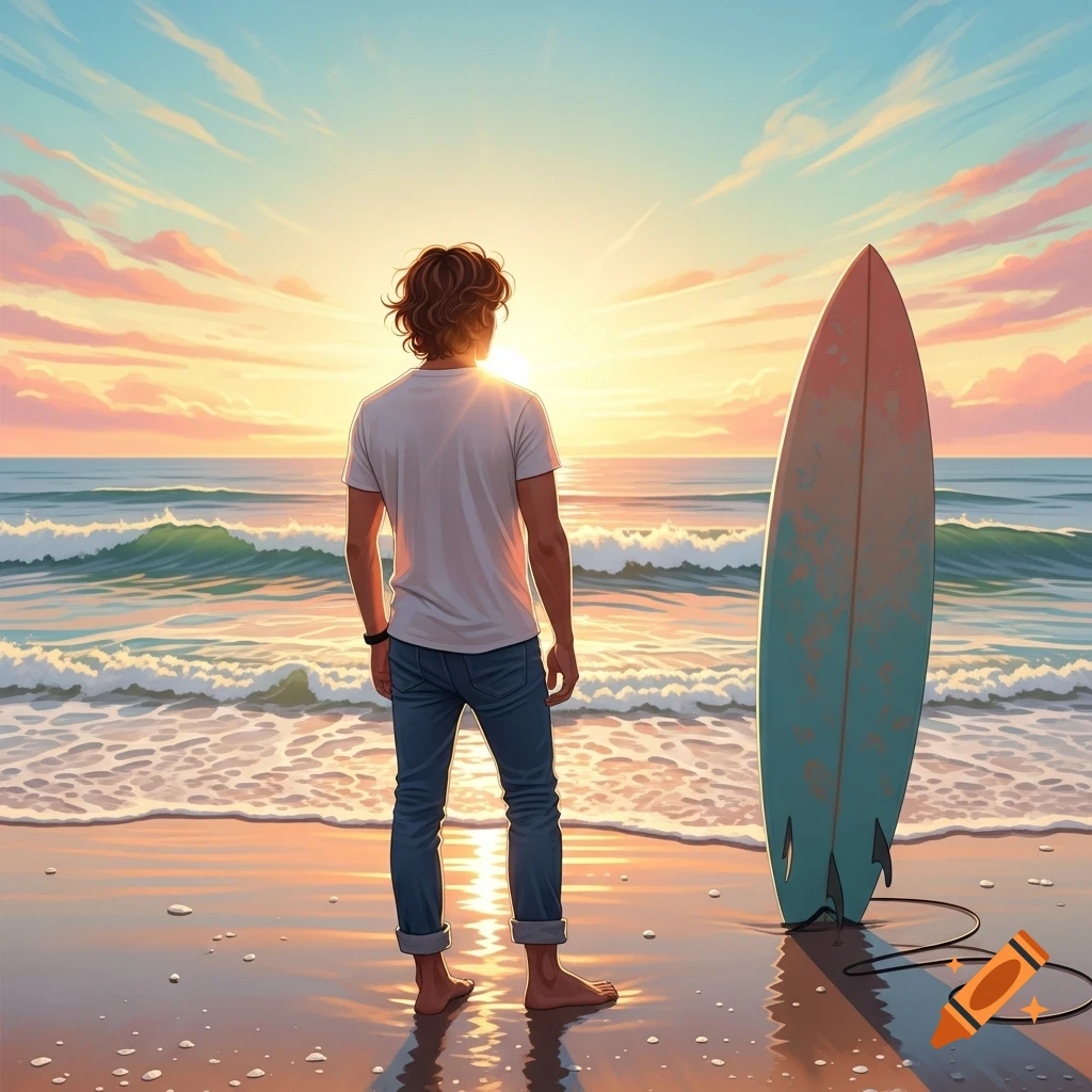 A man with curly hair stands on a beach, looking at the sunset over the ocean, with a surfboard beside him in an illustration style.