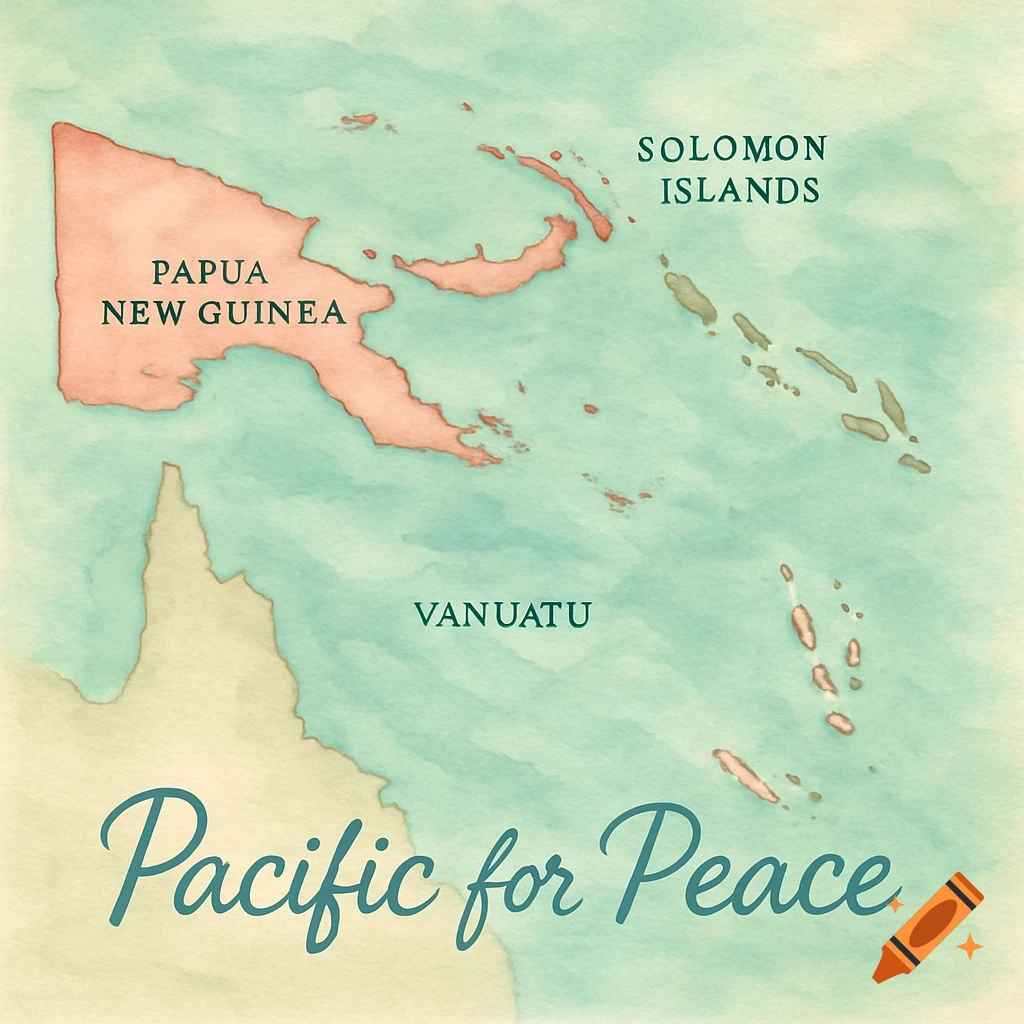 A muted pastel watercolor map showing Papua New Guinea, Solomon Islands, and Vanuatu, with "Pacific for Peace" text.