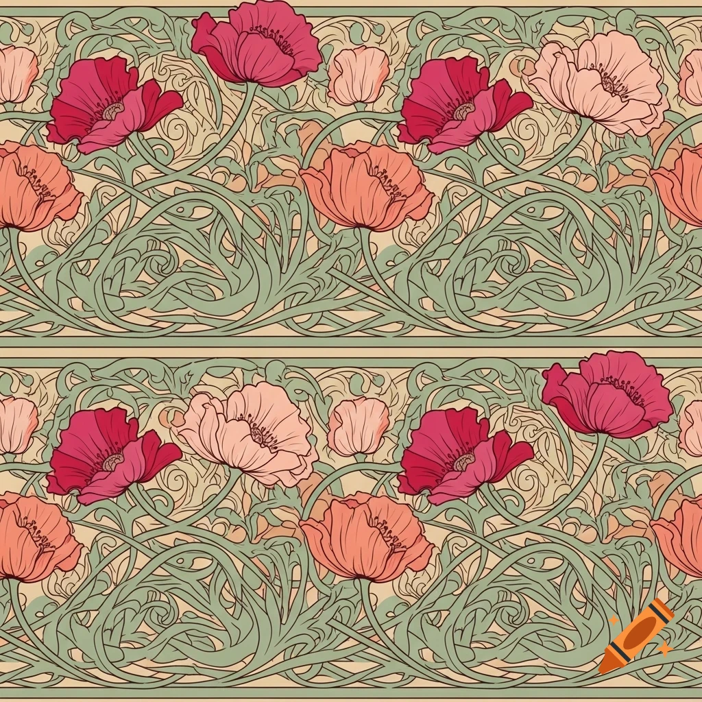 Art nouveau seamless repeatable pattern with red, pink, and orange poppy flowers and green swirling leaves on a light background.