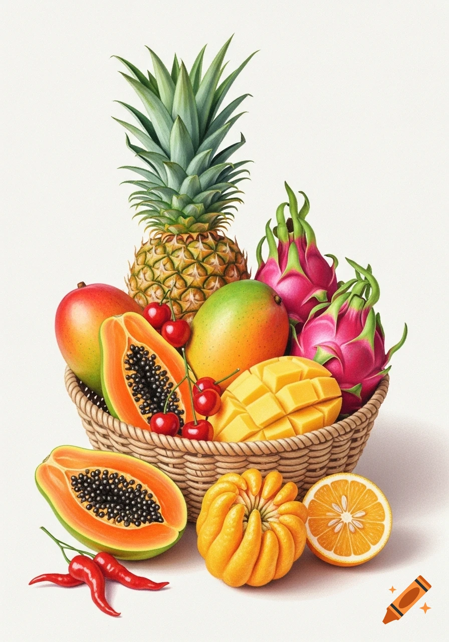 A vibrant pastel illustration of a basket filled with tropical fruits: pineapple, mangoes, papayas, dragon fruits, Buddha's hand, cherries, and red chilies.