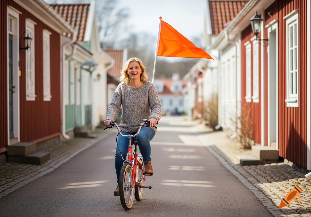 A smiling woman rides a small red bicycle with an orange flag down a charming street lined with red and white houses.