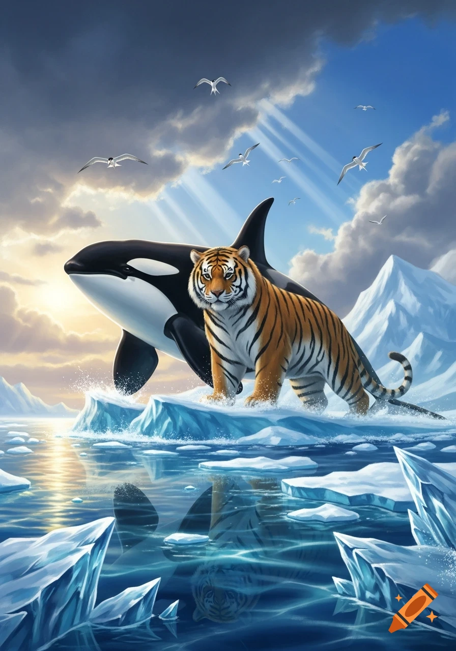A tiger stands on an iceberg next to an orca in an arctic landscape under a dramatic sky with sun rays and birds.