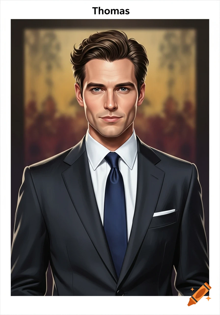 Illustrative portrait of a man named Thomas, with dark hair and blue eyes, wearing a dark suit and blue tie.