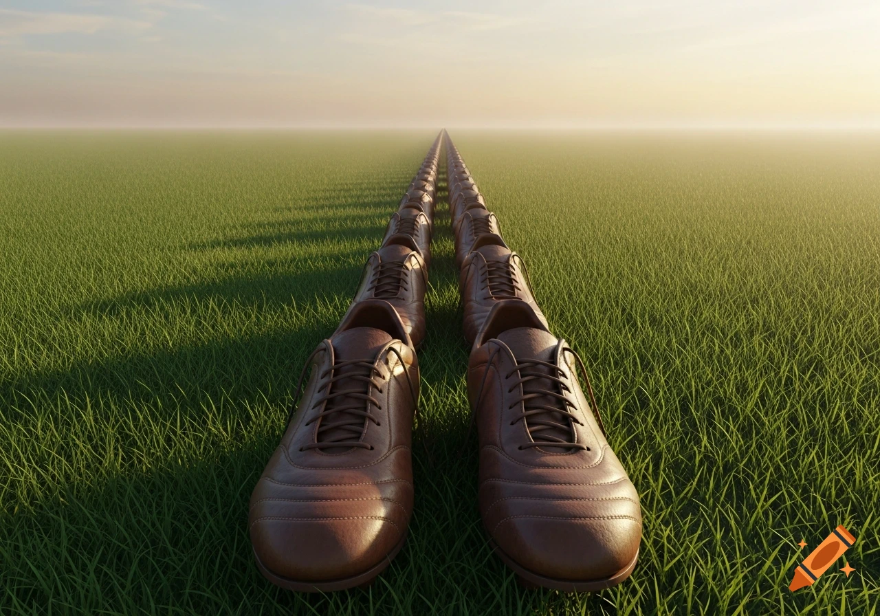 Two endless lines of brown leather soccer shoes extend across a vast green field into a hazy distance.