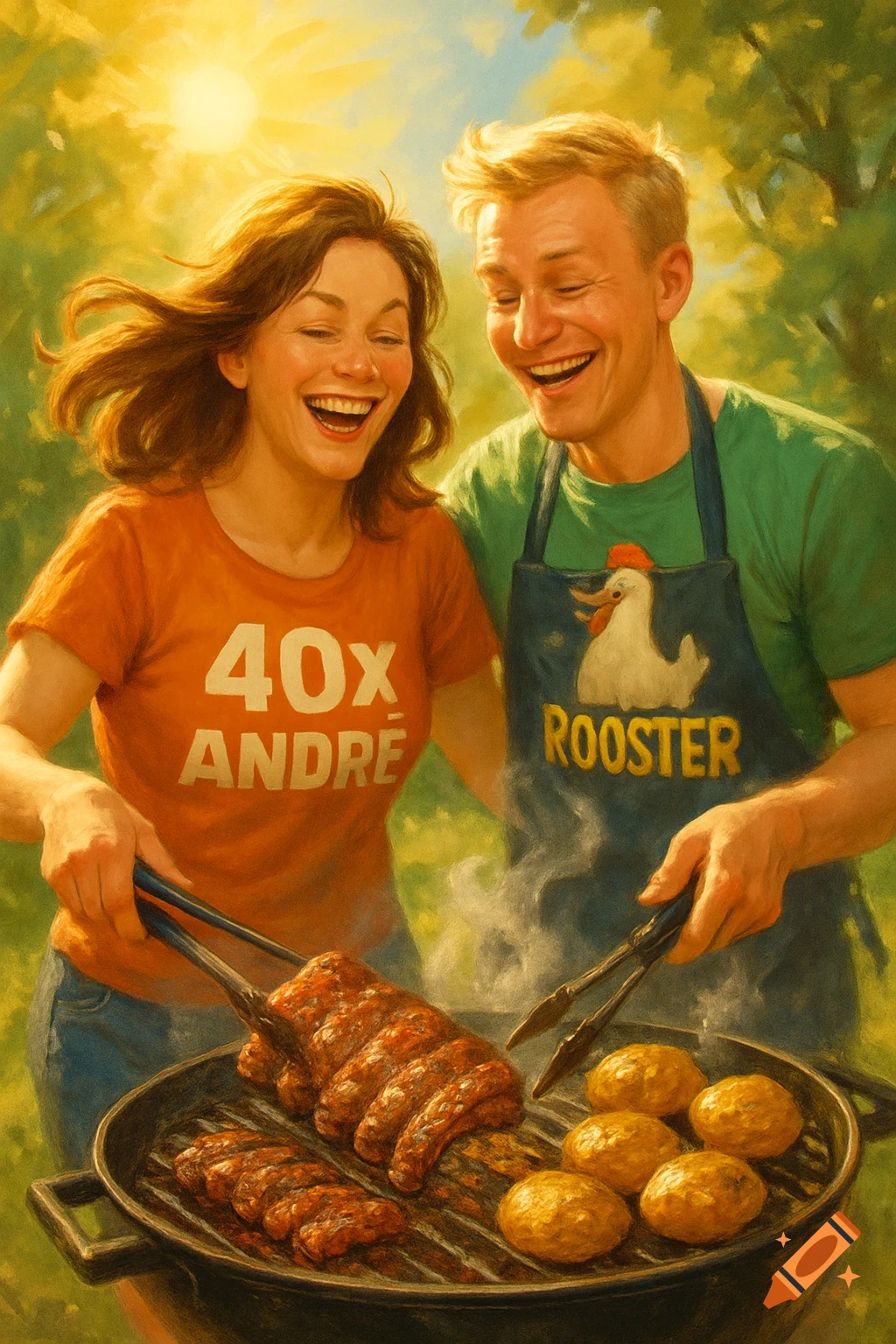 A smiling couple grills ribs and potatoes outdoors in a sunlit, painterly scene.