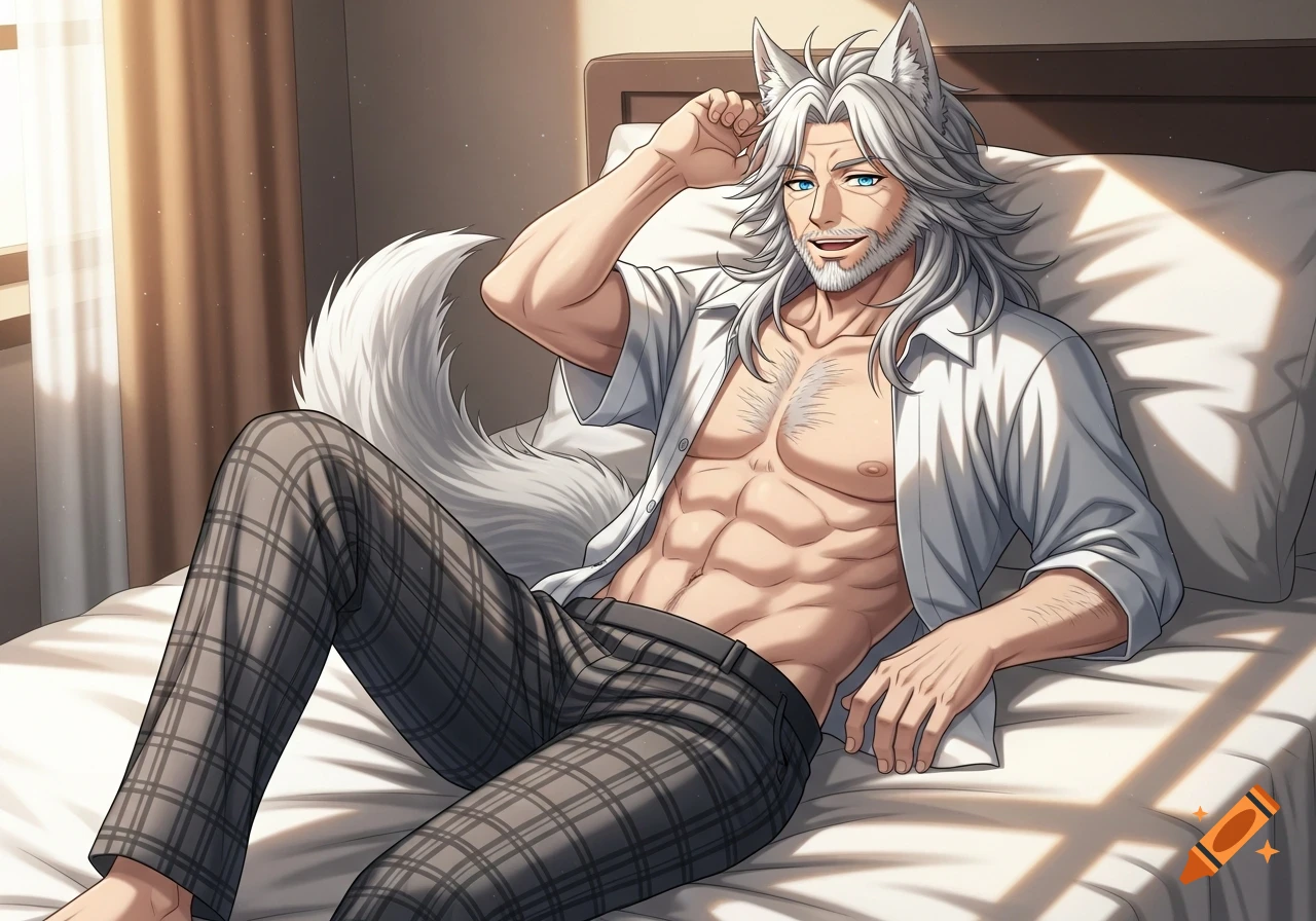 Anime depiction of an athletic, middle-aged man with white hair, wolf ears, and tail, shirtless in plaid pants, relaxing on a bed.