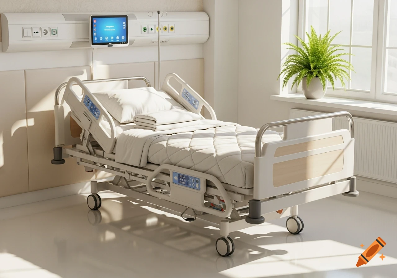 Brightly lit empty hospital room with an adjustable bed, IV stand, wall-mounted tablet, and a potted plant by a window.