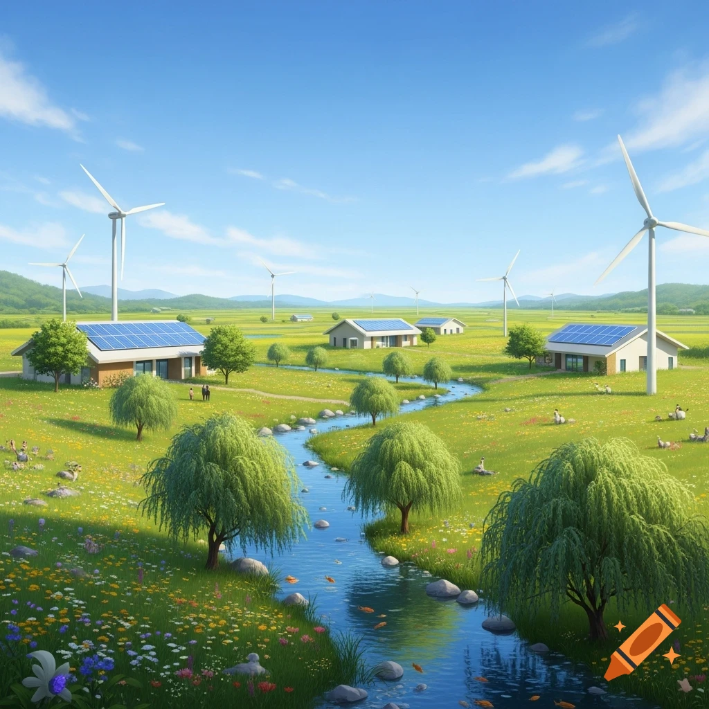A lush, vibrant landscape with houses, solar panels, wind turbines, and a winding river under a clear blue sky.