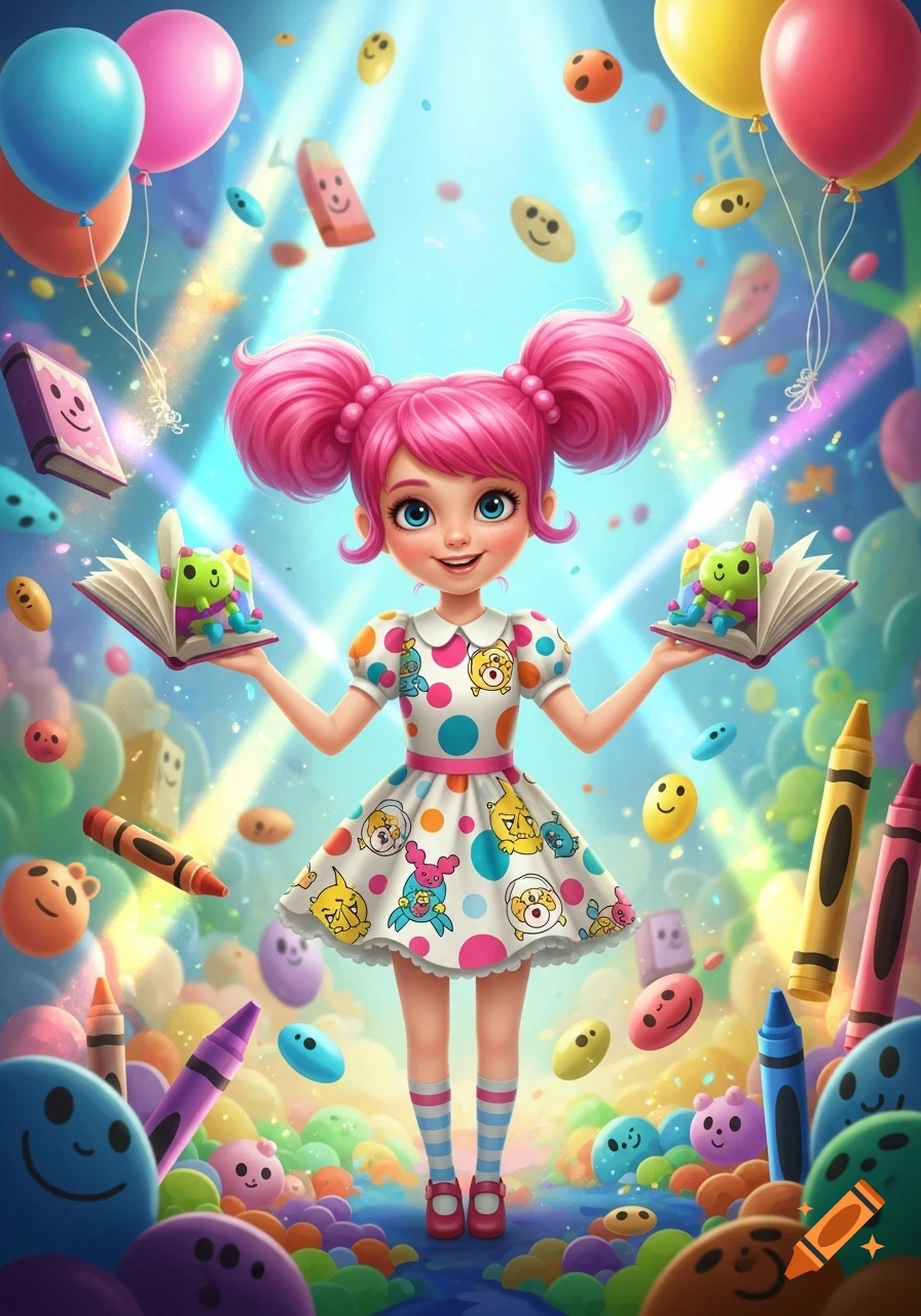 A cheerful cartoon girl with pink pigtails, holding books with creatures, surrounded by floating balloons, crayons, and smiling objects in a whimsical, colorful scene.