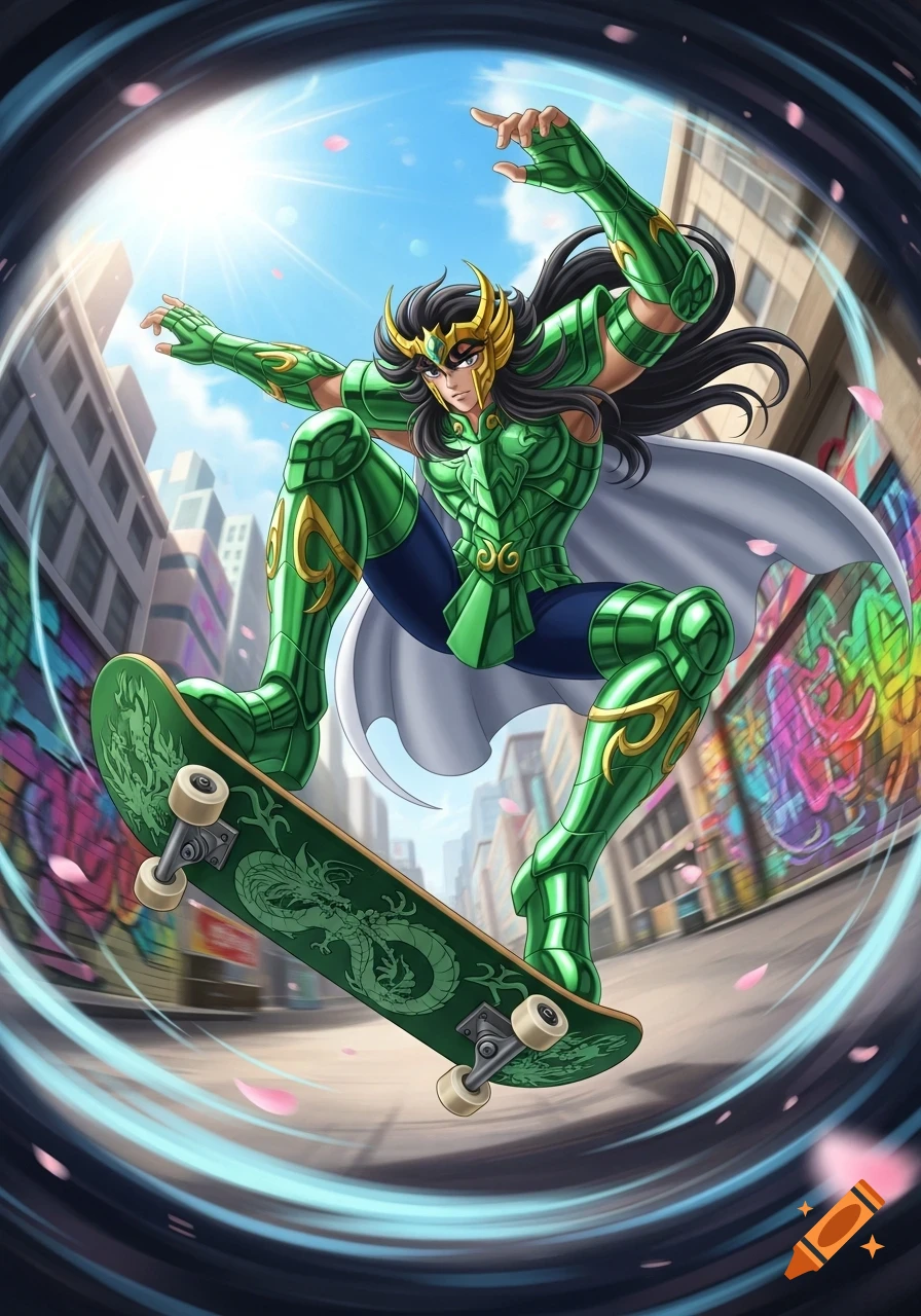 Anime character Shiryu in green armor performs a trick on a skateboard in a city street with graffiti.
