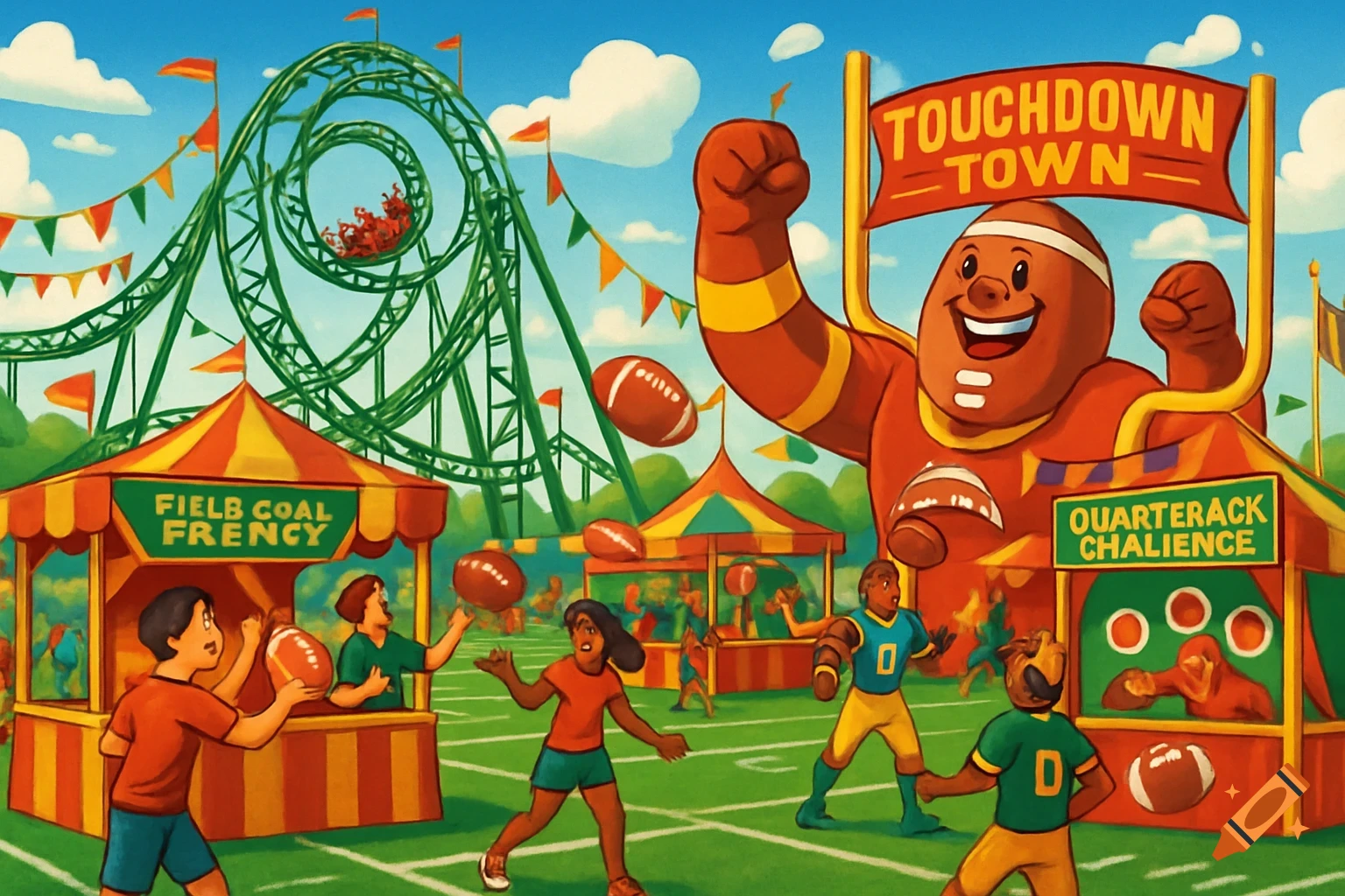 An illustrated, vibrant football-themed amusement park named "Touchdown Town" with a roller coaster, carnival booths, and people playing mini-games on a green turf field.