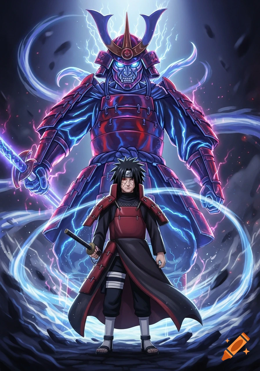 Madara Uchiha stands before his glowing, armored Susanoo amidst electric energy in an anime art style.