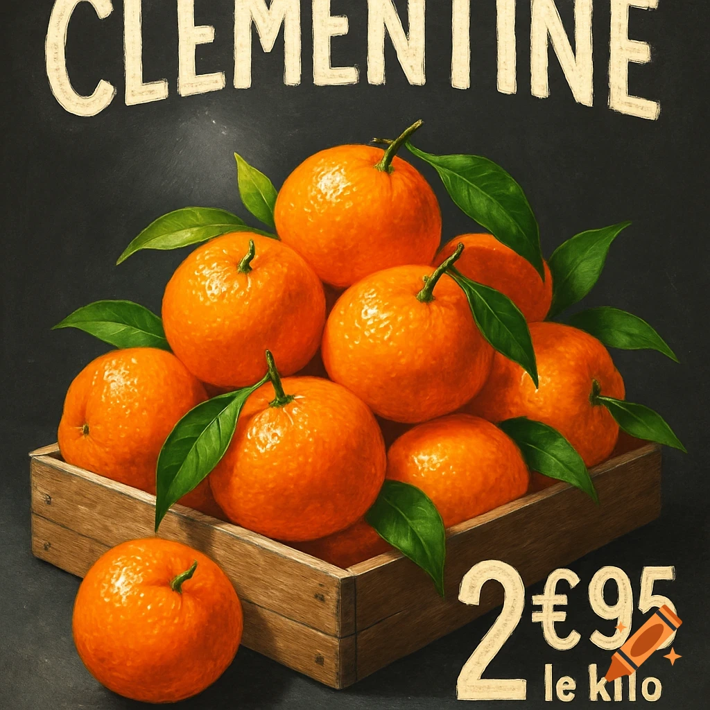 A vibrant illustration of fresh clementines with green leaves in a rustic wooden crate, against a dark background, with text 'CLEMENTINE' and '2 €95 le kilo'.