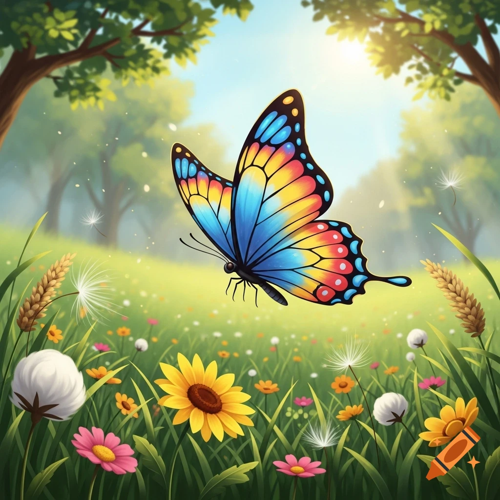 A vibrant, colorful butterfly with blue, yellow, and red wings flies over a sunny meadow filled with various flowers.