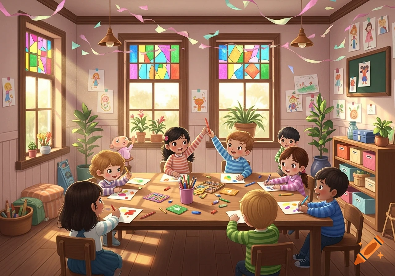 Smiling children drawing and coloring at a table in a bright, colorful classroom with stained-glass windows, storybook illustration.