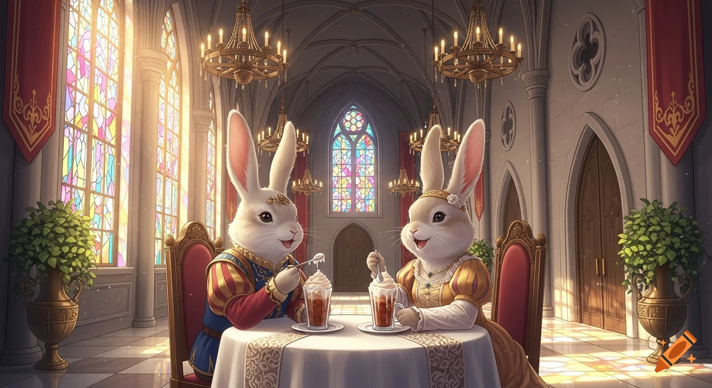 Anime anthropomorphic rabbit couple in regal attire enjoying drinks in a grand castle dining hall with stained glass windows.