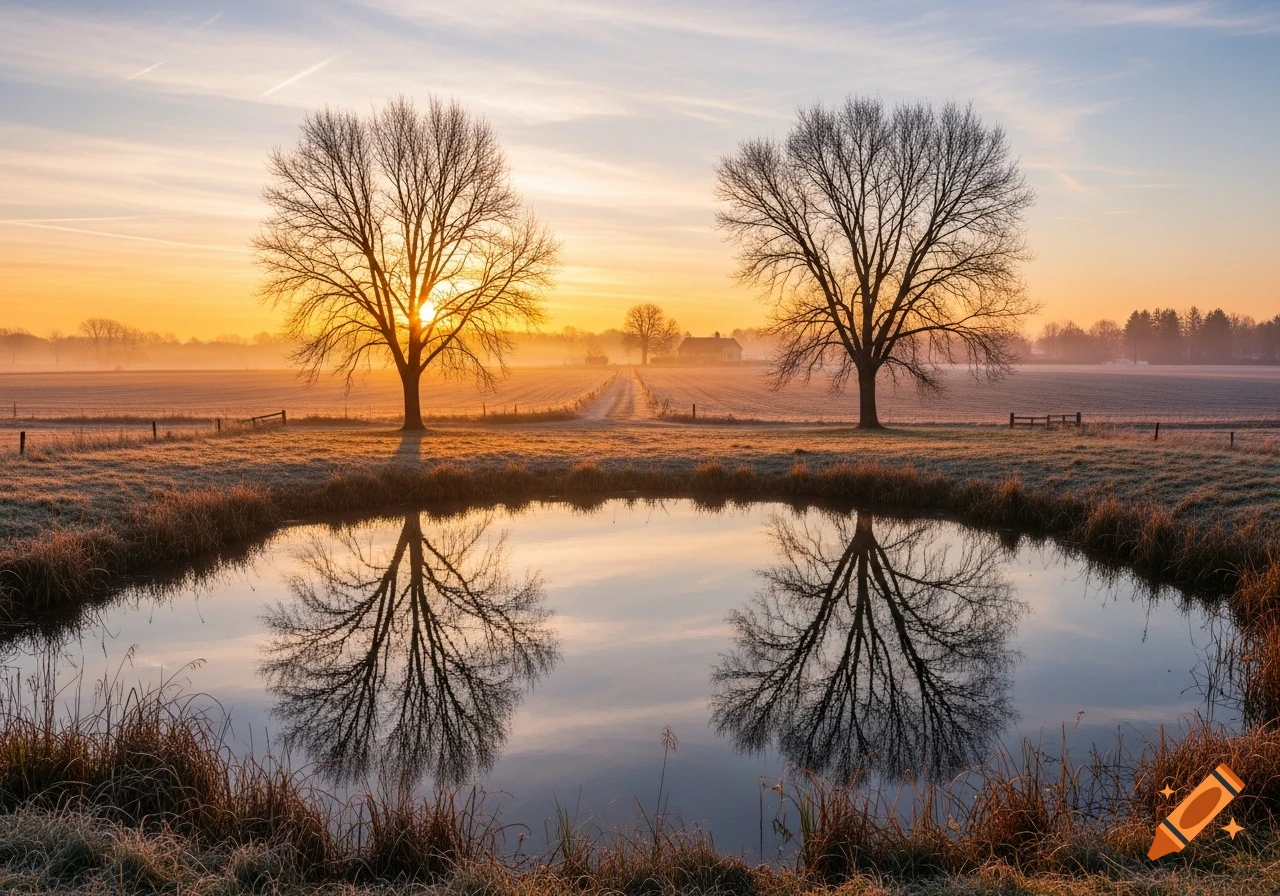 A serene sunrise landscape featuring two bare trees silhouetted against an orange and blue sky, reflected in a calm pond with frosty grass in the foreground, with a distant farm and path.