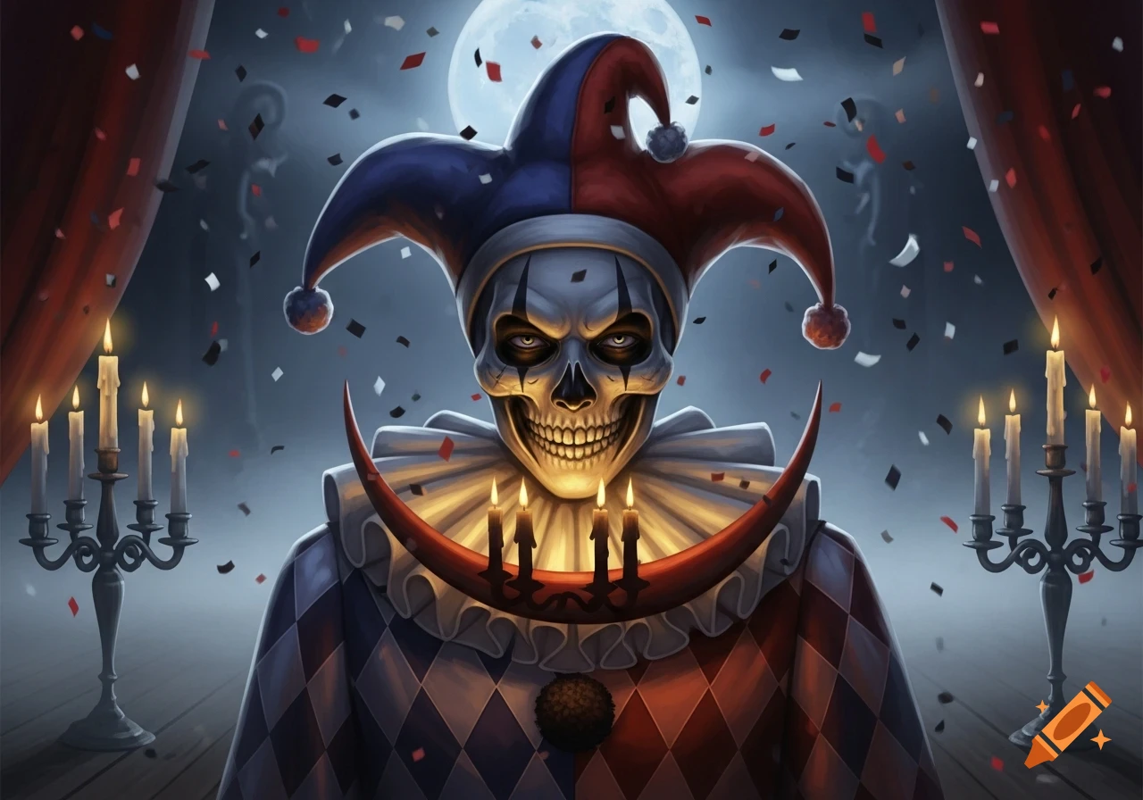 A skull-faced jester in a red and blue harlequin costume and jester hat, surrounded by candlelight and confetti, against a full moon backdrop.