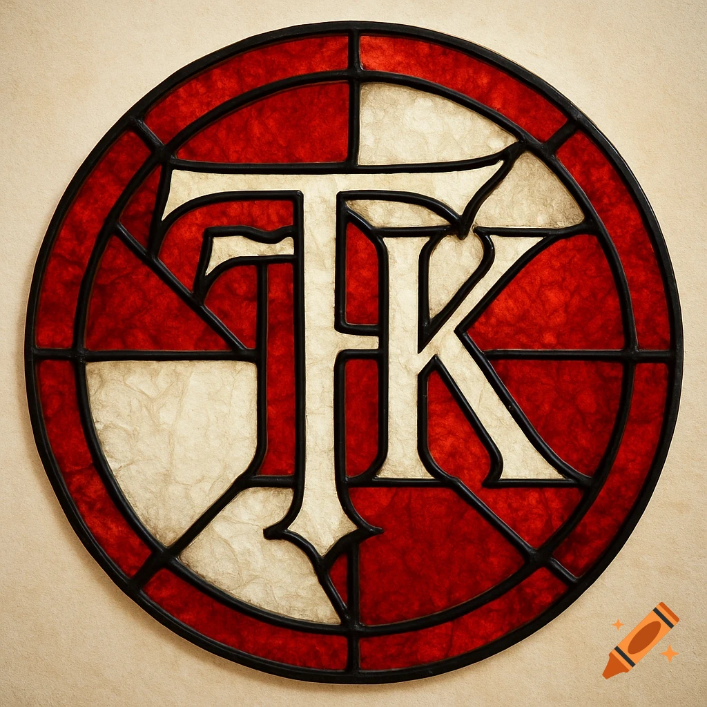 A round stained glass panel featuring the letters T and K in the center, rendered in a red and off-white color scheme with black outlines.