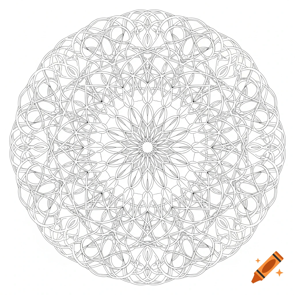 A detailed black and white mandala with intricate symmetrical radial fractal lines, suitable for coloring.